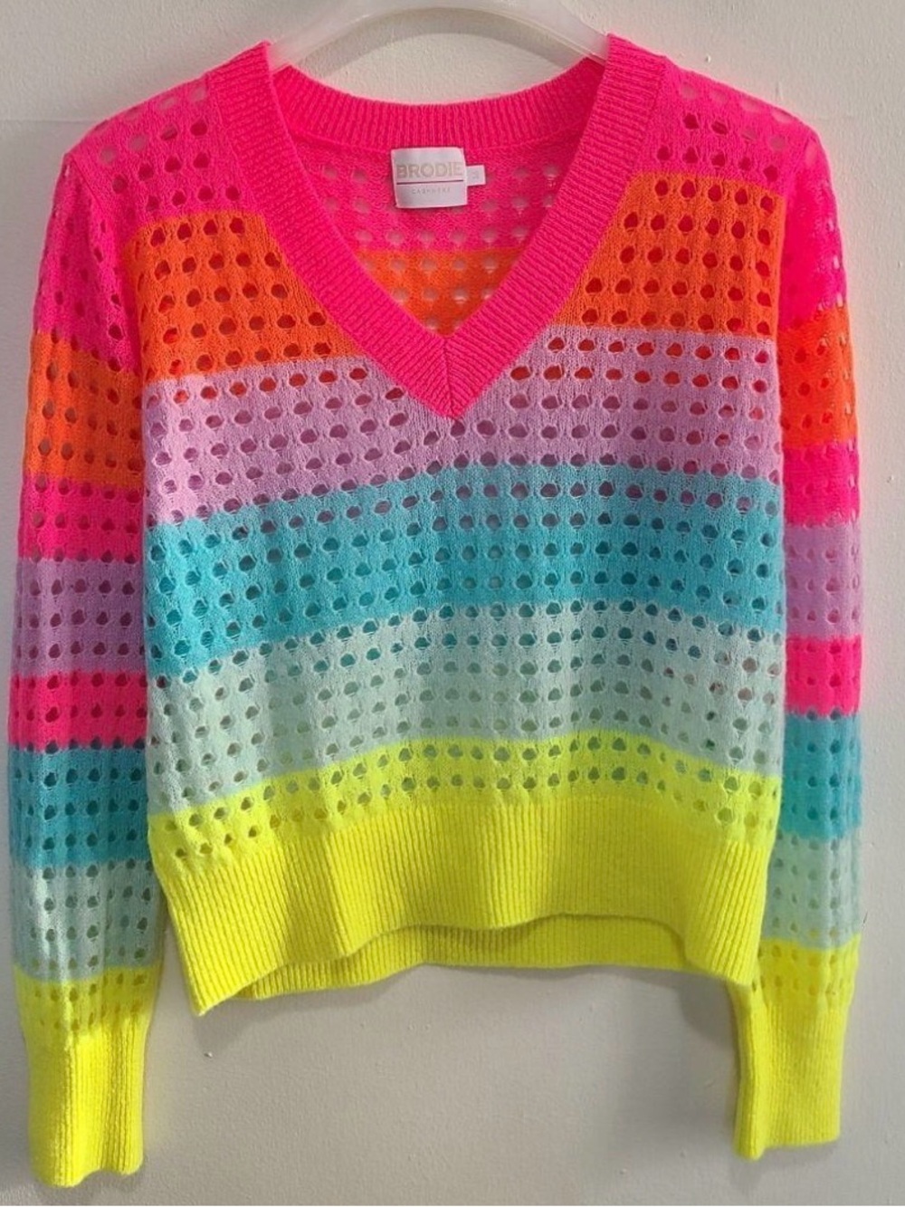NWT BRODIE 100% CASHMERE NEON STRIPED SWEATER V NECK OPEN